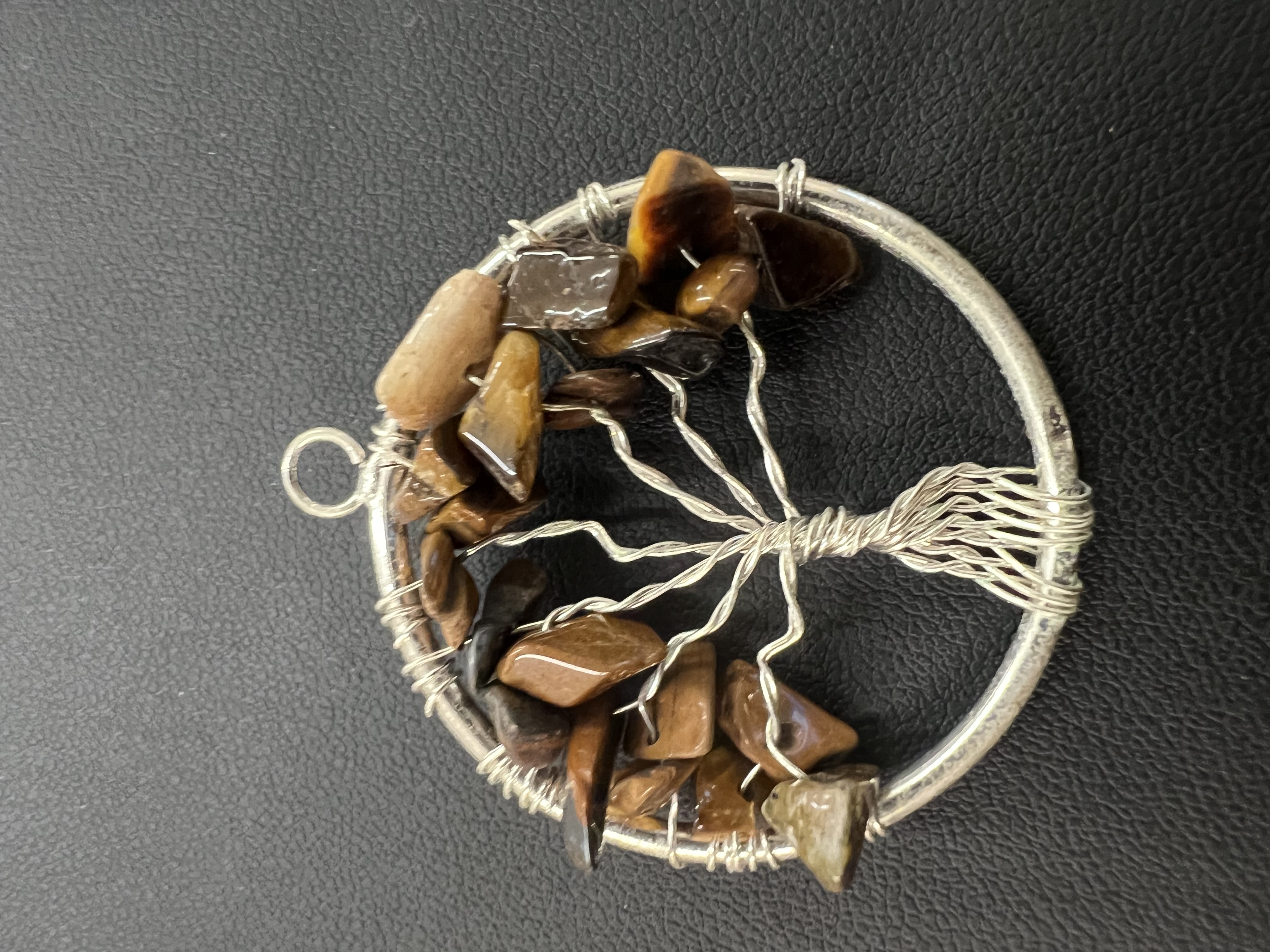 Natural Stone Tree of Life Pendant in Silver - 1.5 inches - Tiger Eye